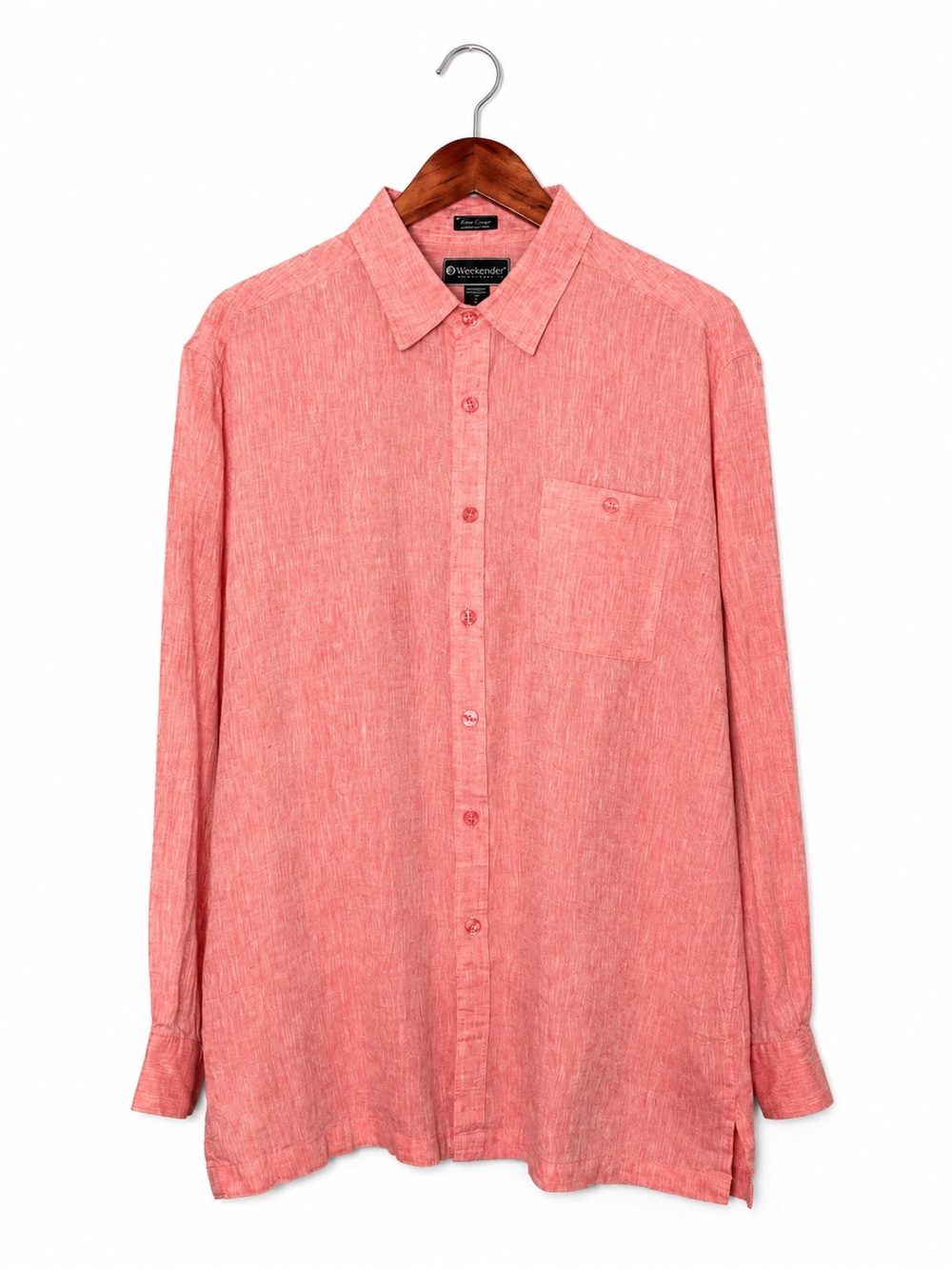 Weekendender 100% Linen Coral Pink Button Up Shirt Men’s L Coastal Quiet Luxury